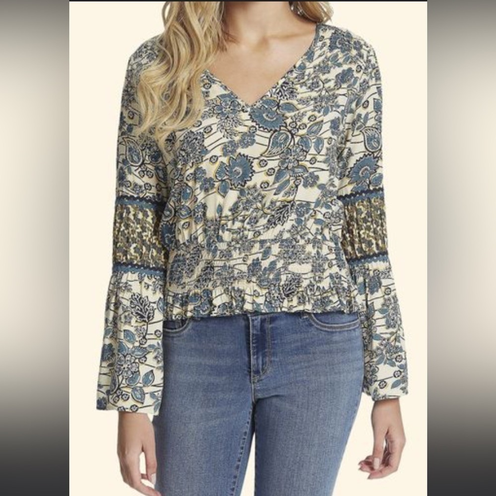 🔥Jessica Simpson Peasant Top 3X Boho Neutral Wildflowers Long Sleeve